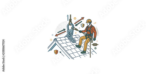 Roofer Using Fall Protection Safety Equipment Vector Illustration