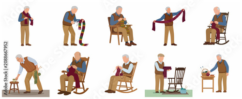 Obraz na plátně Elderly man knitting and crafting handmade scarves set, senior male character en