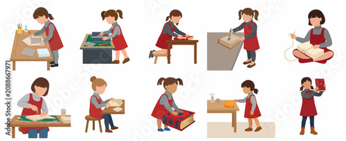 Foto Collection of illustrations showing a young girl engaged in various traditional bookbinding and book restoration processes