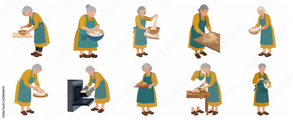 Fototapeta premium Elderly woman baking bread step by step illustration set, grandmother character kneading dough and slicing fresh bread