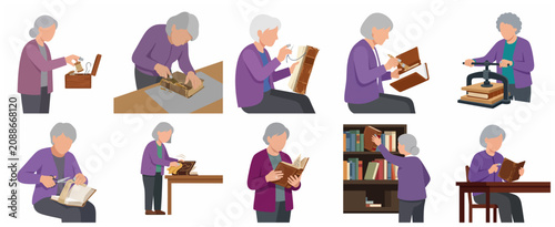 фотографія Set of illustrations showing a senior woman restoring and repairing old books, including bookbinding techniques like sewing, gluing, and pressing
