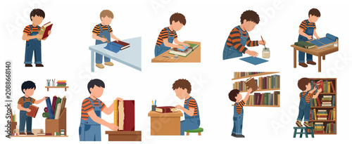 Canvas Print Set of illustrations featuring a young boy bookbinder repairing, measuring, and