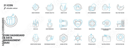 Konstfotografi Core Dashboard, Data Management Business SaaS UI UX Vector Icon Pack Bundle in F