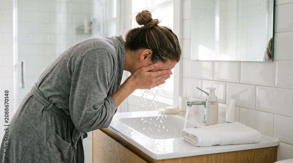 Obraz premium Woman washing face with water in a modern bathroom sink wearing a grey robe