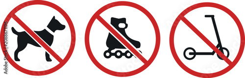 No Dogs on Roller Skates or Scooters Sign Set – Prohibited Pets Safety Icons Collection