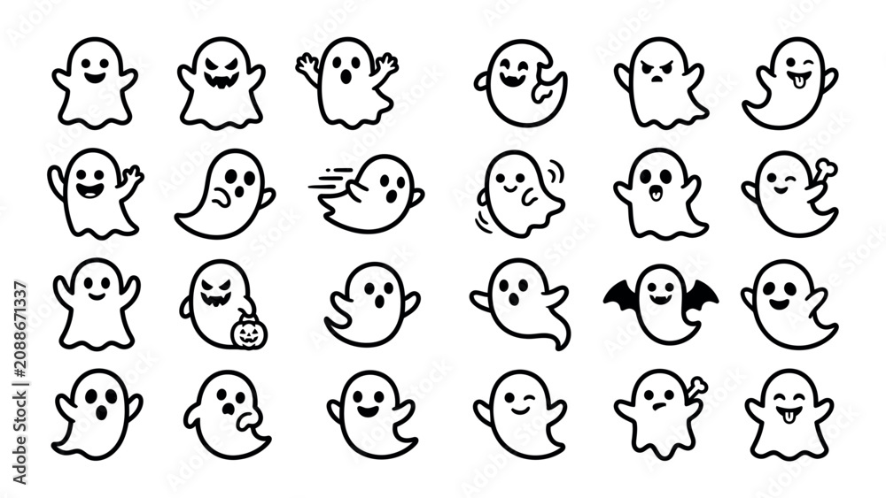 Fototapeta premium Cute Ghost Face Outline Icon Set Vector Illustration Line Art with Bat Sunglasses and Target Accent Elements