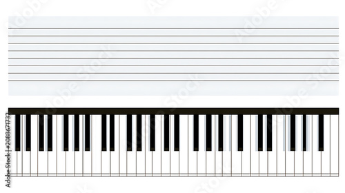 Illustration with a simple digital piano keyboard and blank music staff lines, perfect for music education and composition concepts