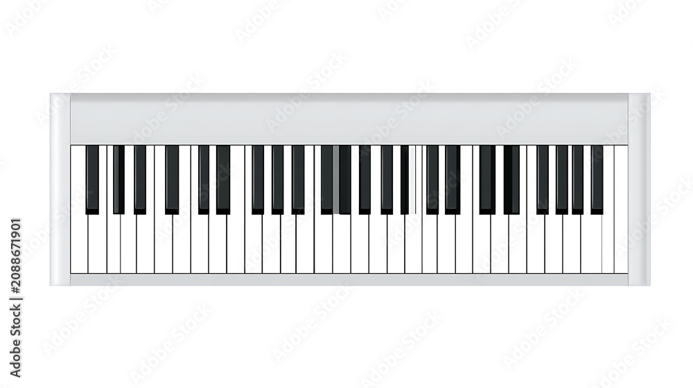 Fototapeta premium Modern electronic keyboard with white and black keys, clean design, isolated on a white background, perfect for music education and advertising
