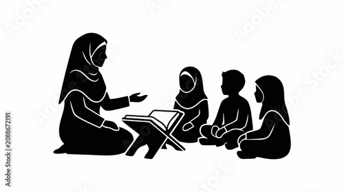 A woman teaches children in a classroom setting with illustrations.