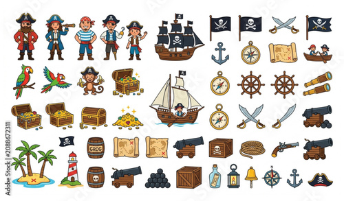 Konstfotografi Pirate Adventure Vector Set with Ship Captain Treasure Chest and Parrot