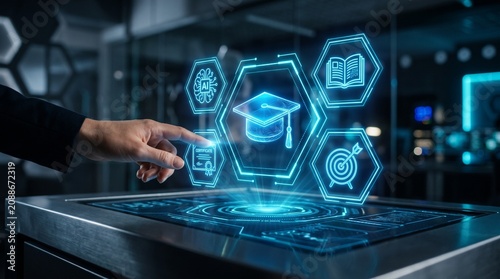 Digital certification and online learning powered by ai education technology, professional accessing secure elearning platform for accredited course assessment and verified credential development