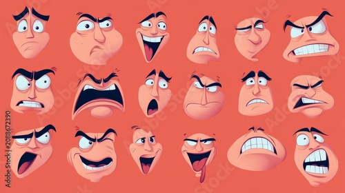 Set of 80s groovy comic faces vector. Collection of cartoon character faces, leg, hand in different emotions happy, angry, sad, cheerful --ar 16:9 --v 6.1 Job ID: 730d7192-fdda-43c8-b757-bb302b814dcf