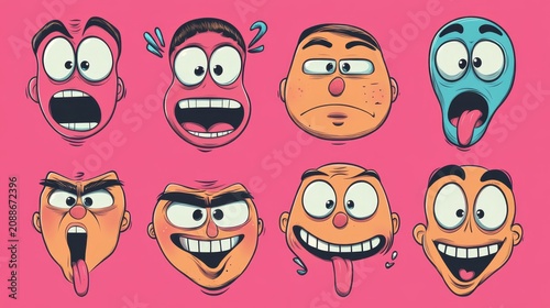 Set of 80s groovy comic faces vector. Collection of cartoon character faces, leg, hand in different emotions happy, angry, sad, cheerful --ar 16:9 --v 6.1 Job ID: 730d7192-fdda-43c8-b757-bb302b814dcf