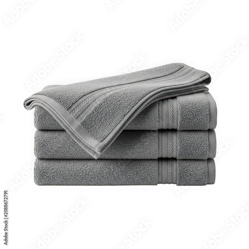 Stack of folded grey bathroom towels with pattern