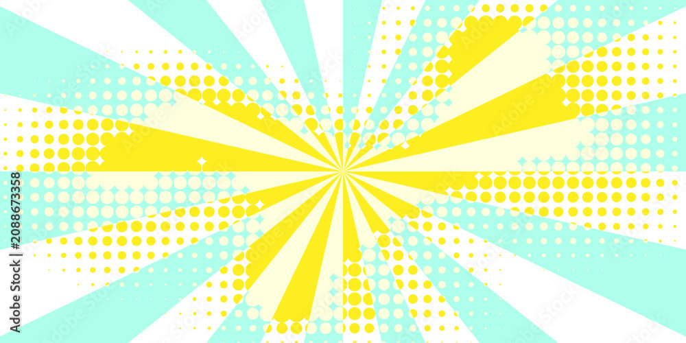Fototapeta premium Abstract creative layout template with clouds beams and isolated dots pattern on background. Sunburst with rays background. Vector halftone illustration pop art comic background with rays and dot 