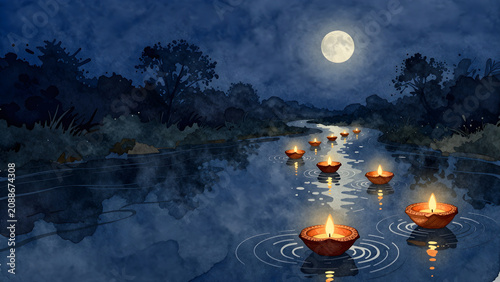 Floating oil lamps on a river at night under a full moon watercolor illustration