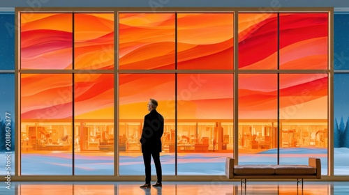 Manager observing a glowing night production line through large windows during a New Year shift