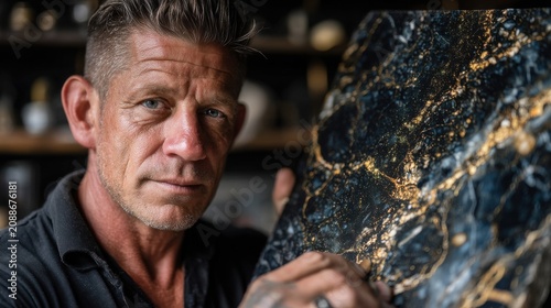 Professional middle-aged man examining onyx slab black with gold veining, neutral expression, polished luxury surface, high-end texture, natural lighting, photorealistic quality