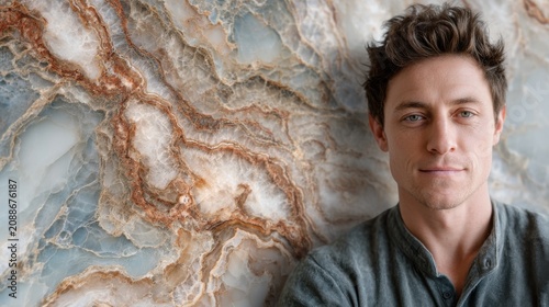 Portrait of young man against stunning natural onyx veins backdrop, polished marble surface with brown amber veining, professional studio lighting, photorealistic commercial stock photo