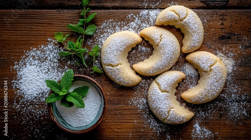 Traditional Mexican wedding cookies with powdered sugar dusting arranged on rustic wooden table with fresh mint garnish for premium restaurant dessert