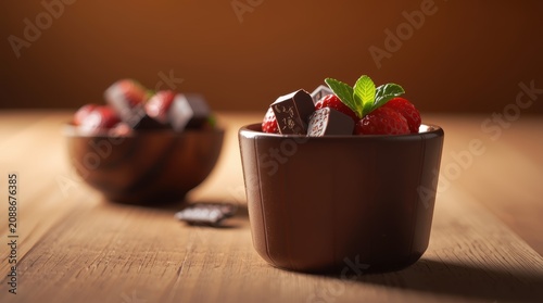 Chocolate mousse in a cup, decorated with fresh strawberries and a mint leaf.