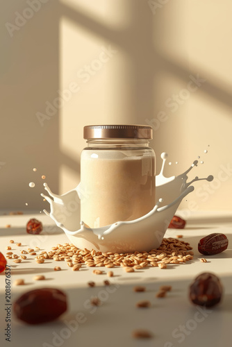 Plant-based milk in a glass jar, surrounded by spectacular splashes, scattered grains, and dates.