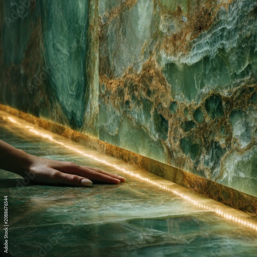 green onyx interior spa luxury wall panels with cropped hand resting near illuminated edge, glowing stone dominance, soft diffused lighting, natural translucency and depth
