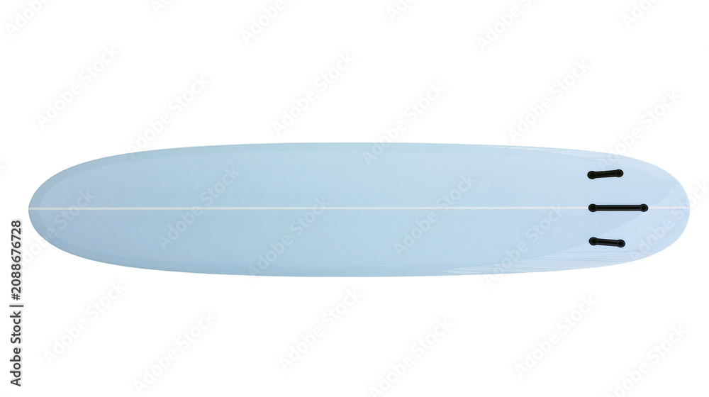 Φωτογραφία Pale blue surfboard with white stripe and black fins, isolated on transparent ba