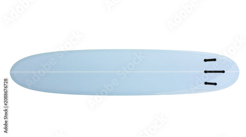 Photography Pale blue surfboard with white stripe and black fins, isolated on transparent ba