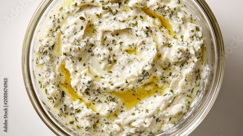 Creamy aioli sauce with fresh herbs and golden olive oil drizzle in glass bowl premium restaurant condiment macro photography for gourmet dining