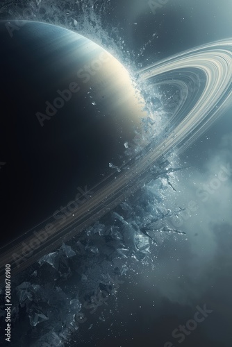 The destruction of the planet Saturn, where its majestic rings surround a cloud of cosmic debris, dust, and ice.