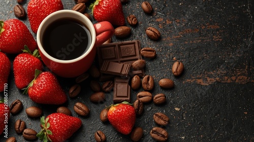 Black coffee in a classic cup, topped with fresh ripe strawberries, dark chocolate slices, and coffee beans.