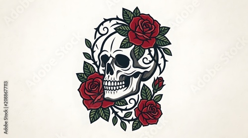 Classic Traditional Color Flat Vector Skull with Red Roses and Thorns Tattoo Design Element

