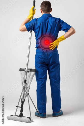 A man in overalls standing with his back to the ground and holding his lower back, which is graphically highlighted in red to illustrate back pain.