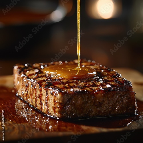 Signature sauce drizzling over perfectly grilled steak with golden amber cascade in premium steakhouse dining atmosphere with warm lighting