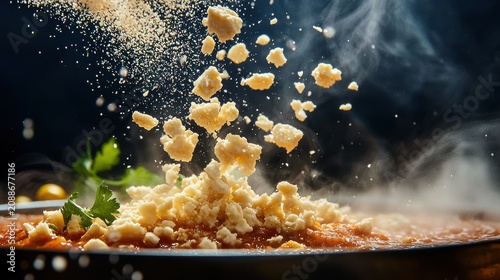 Queso fresco crumbles falling dramatically onto premium Mexican cuisine with red sauce, fresh white cheese particles frozen mid-air in slow motion photography