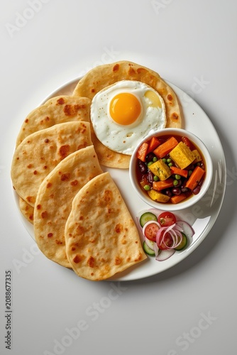 A traditional South Asian breakfast consisting of a few crispy parathas, scrambled eggs, a bowl of spicy vegetable curry, and a fresh salad.