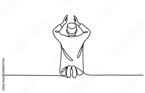 Foto Continuous one line drawing of a muslim man kneeling and praying to god with han
