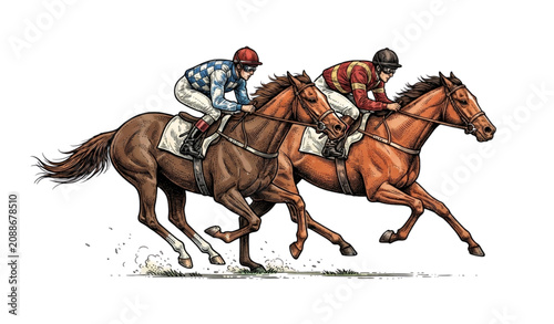Konstfotografi Vintage Horse Race Vector Illustration with Galloping Jockeys