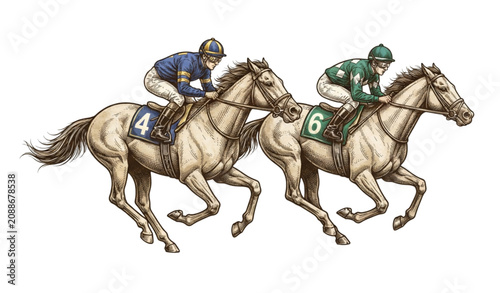 Quadro su tela Vintage Horse Racing Illustration with Two Jockeys Galloping Vector