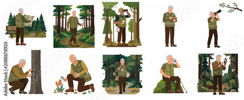 Senior Biologist and Forest Researcher Character Set Illustration for Wildlife Study, Hiking, and Nature Exploration