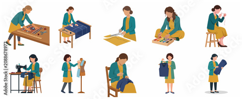 Obraz na plátně Flat illustration set of diverse women seamstresses and tailors working on garme