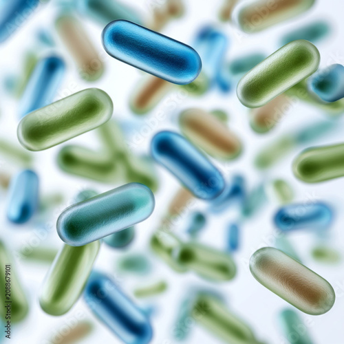 Floating Blue and Light Green Bacteria Isolated on White Background 3D Medical Illustration