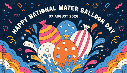 Colorful graphic illustration celebrating the national water balloon day event theme