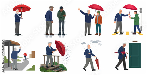 Bild auf Leinwand Flat vector illustration set of a kind senior man sharing a red umbrella with others in the rain, depicting kindness and generosity concepts
