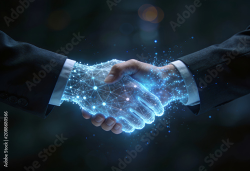 Business partnership handshake with glowing blue network connections