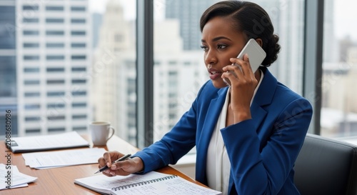 businesswoman in blue blazer talking on phone at office desk with city view business professional wo