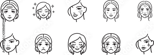 Photos Skin care issues outline icon set featuring wrinkles, acne, dullness and common skincare concerns