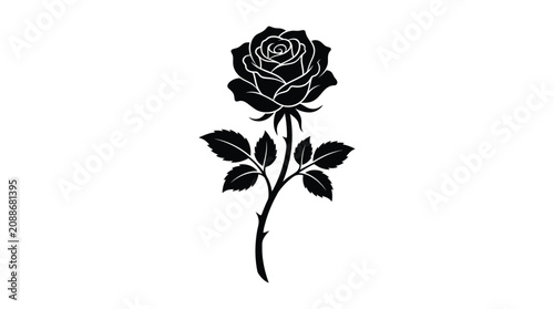 Rose flower with stem and leaves black vector silhouette