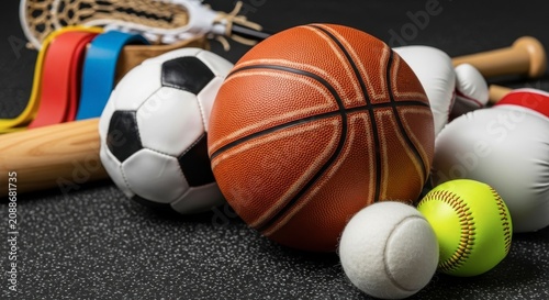 A collection of various sports balls and equipment on a dark surface with a lacrosse stick in the ba